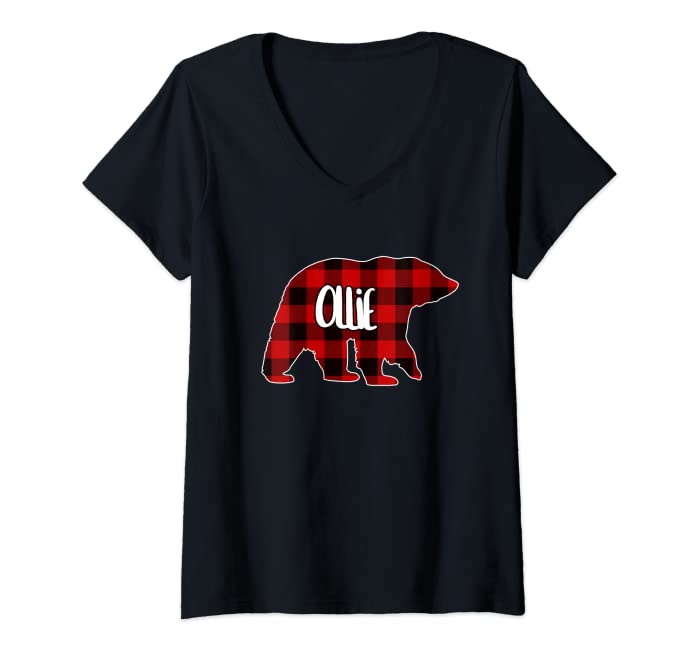 Womens Ollie Bear Custom Red Buffalo Plaid Christmas Pajama V-Neck T-Shirt