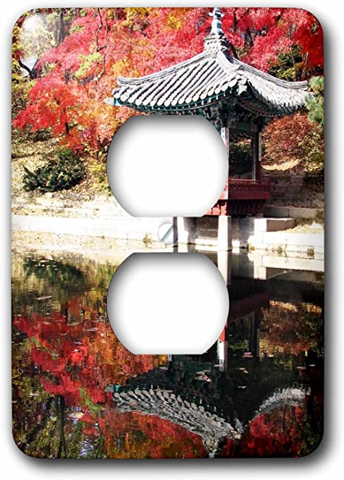 3dRose lsp_112953_6 Japanese Garden in Autumn-Red Fall Colors Photography in Seoul Korea-Japan Oriental Pagoda Lake 2 Plug Outlet Cover, Multicolor