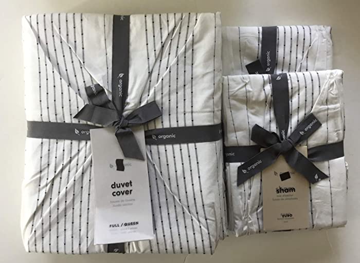 West Elm Organic Cotton Striped Pintuck Duvet Cover Full/Queen & Two Euro Shams ~White with Black~