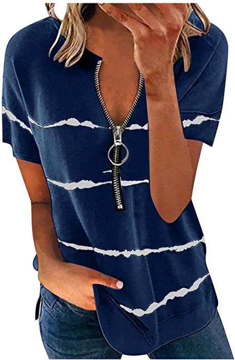 Womens Crewneck Zip Up Printed Short Sleeve T-Shirt Casual Loose Side Split Summer Tee Shirts Tops Comfy Tshirt Blouse