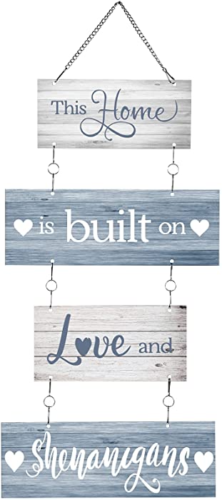 Home Sign This Home is Built on Love and Shenanigans Hanging Home Wall Sign Family Rustic Wall Decor Farmhouse Decoration for Living Room Bedroom Indoor Outdoor (Fresh Colors)
