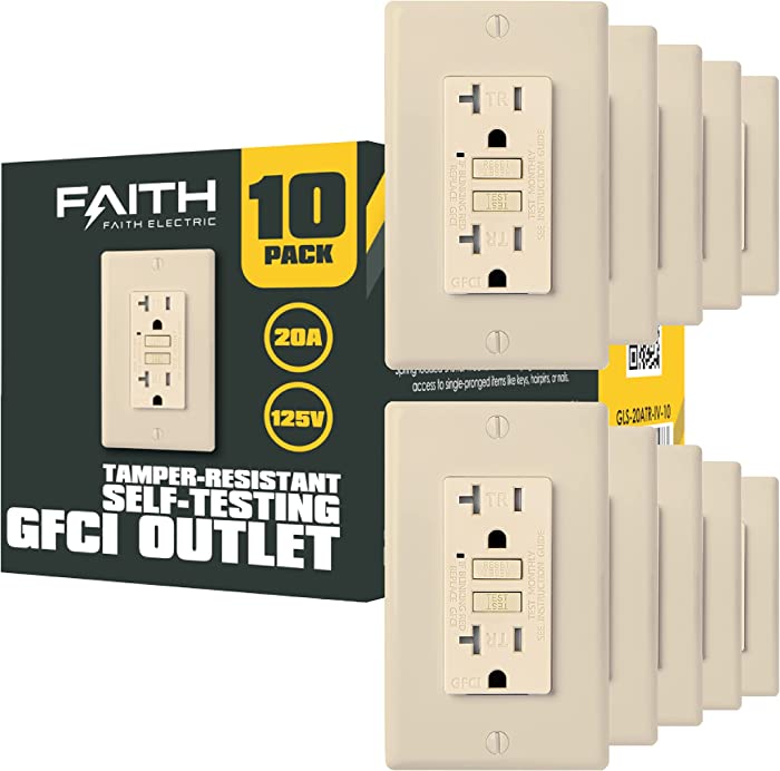 Faith [10-Pack] 20A GFCI Outlets, Tamper-Resistant GFI Duplex Receptacles with LED Indicator, Self-Test Ground Fault Circuit Interrupter with Wall Plate, ETL Listed, Ivory, 10 Piece