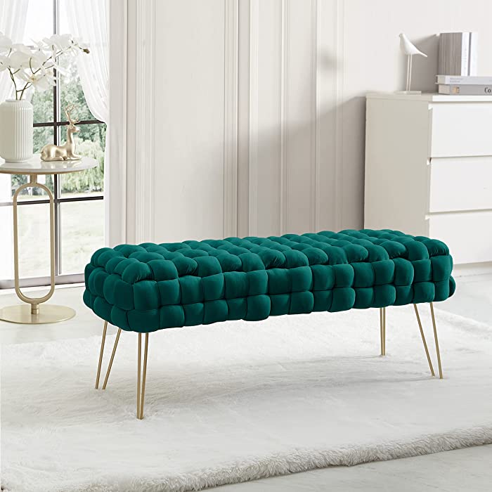 Ornavo Home Mirage Modern Contemporary Woven Upholstered Velvet Long Bench Ottoman with Gold Metal Legs - Emerald Green