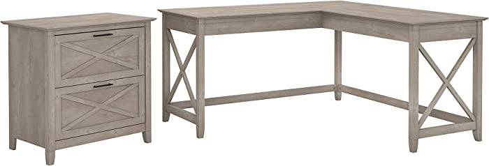 Bush Furniture Key West 60W L Shaped Desk with Lateral File Cabinet in Washed Gray