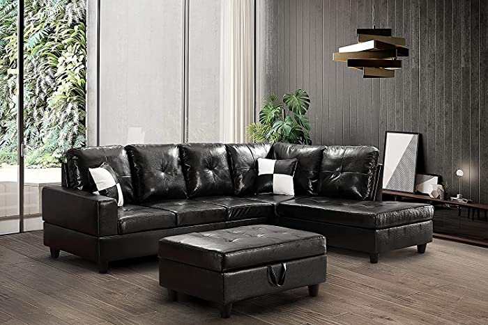 RINIMEI Modern PU Leather Sectional Sofa Set, Include Chaise Lounge and Storage Ottoman, Fashion 5-Seat L-Shaped Couch for Living Room Apartment Office Furniture, Black