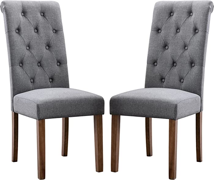 COLAMY Button Tufted Dining Chairs Set of 2, Accent Parsons Diner Chair Upholstered Fabric Dining Room Chairs Stylish Kitchen Chairs with Solid Wood Legs and Padded Seat - Grey