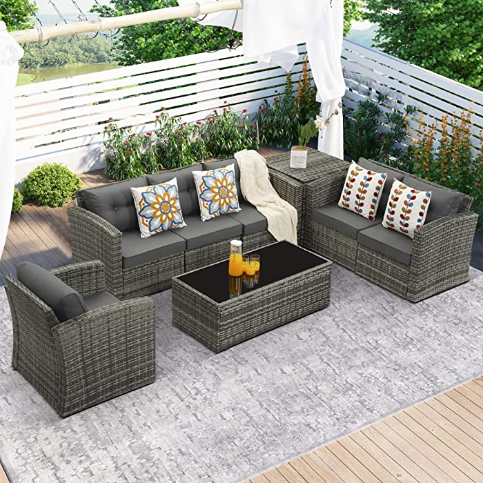 Outdoor Furniture Sets 8-Piece Aluminum Patio Conversation Sets, Wicker Rattan Sectional Couch Sofa Set with Glass Coffee Table & Storage Box (Grey/Dark Grey)