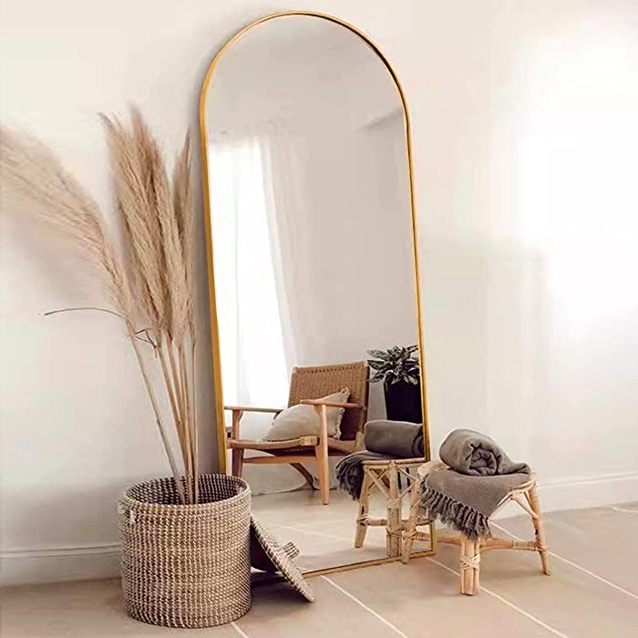 FVANF Floor Mirror, Arched Full Length Mirror Standing Hanging or Leaning Against Wall, Body Mirror for Bedroom, Wall-Mounted Mirror with Aluminum Alloy Frame, 65"x22" (Gold)