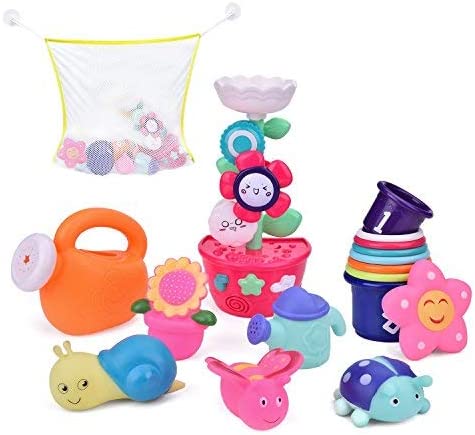 9 PCs Bath Toys for Toddlers, Flower Waterfall Water Station Garden Squirter Toys, Stacking Cups Watering Can, Bath Toy Organizer Included for Kids