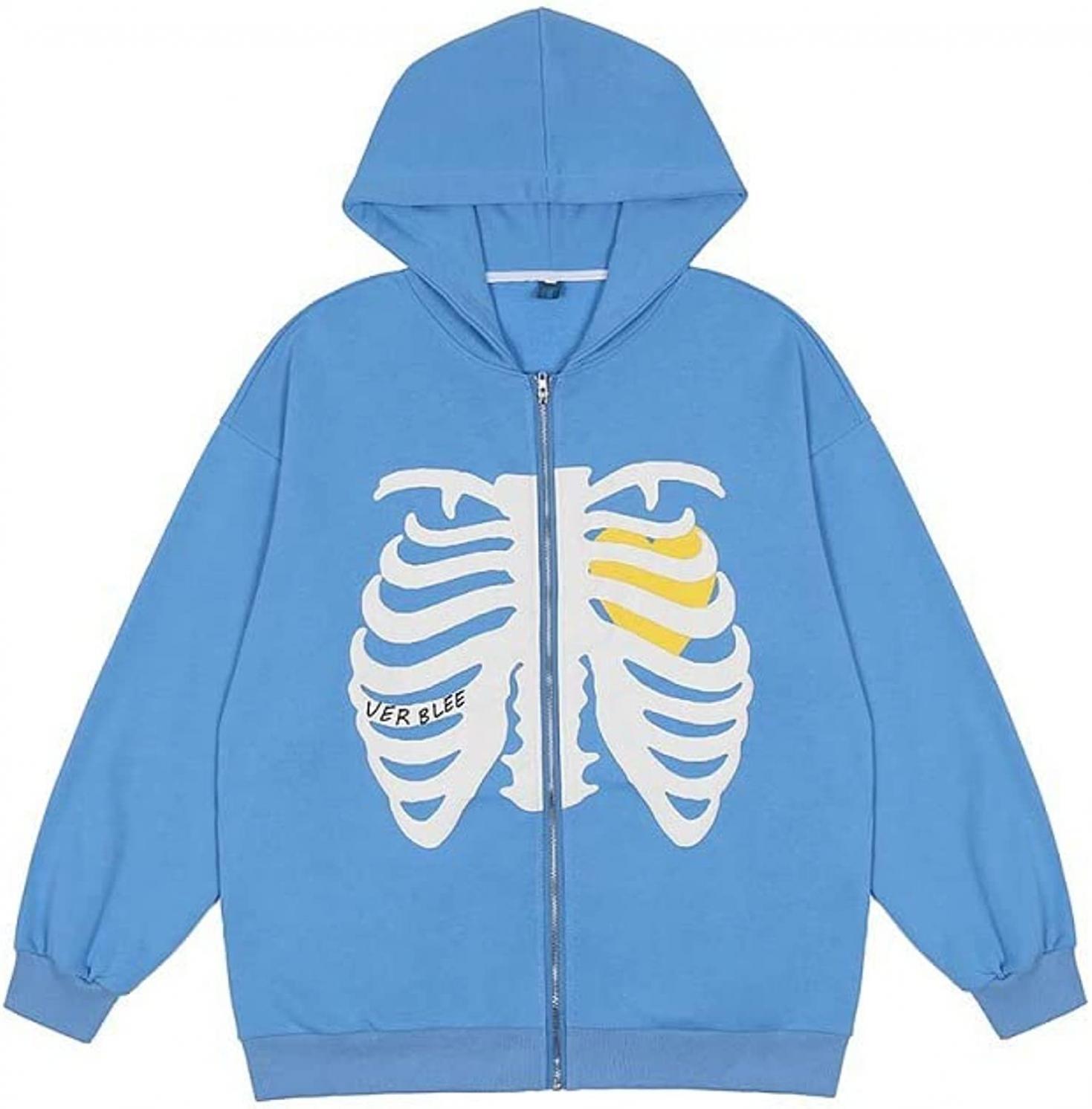 CNLFC Unisex Skeleton Zip Up Hoodie Fashion Vintage Jacket Graphics E-Girl 90s Sweatshirt for Men and Women
