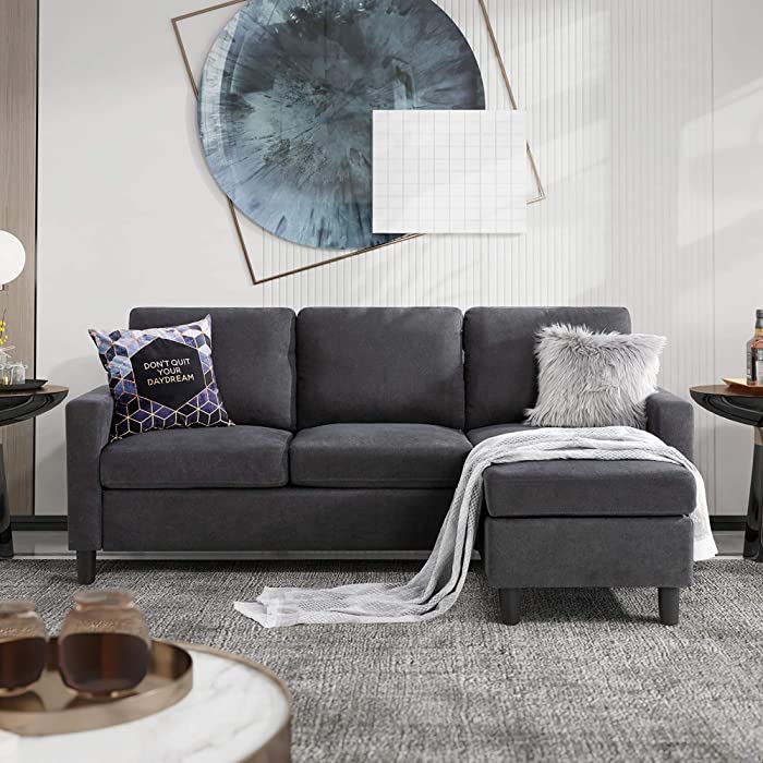 Walsunny Convertible Sectional Sofa for Small Space L-Shaped Couch with Modern Linen Fabric (Grey)