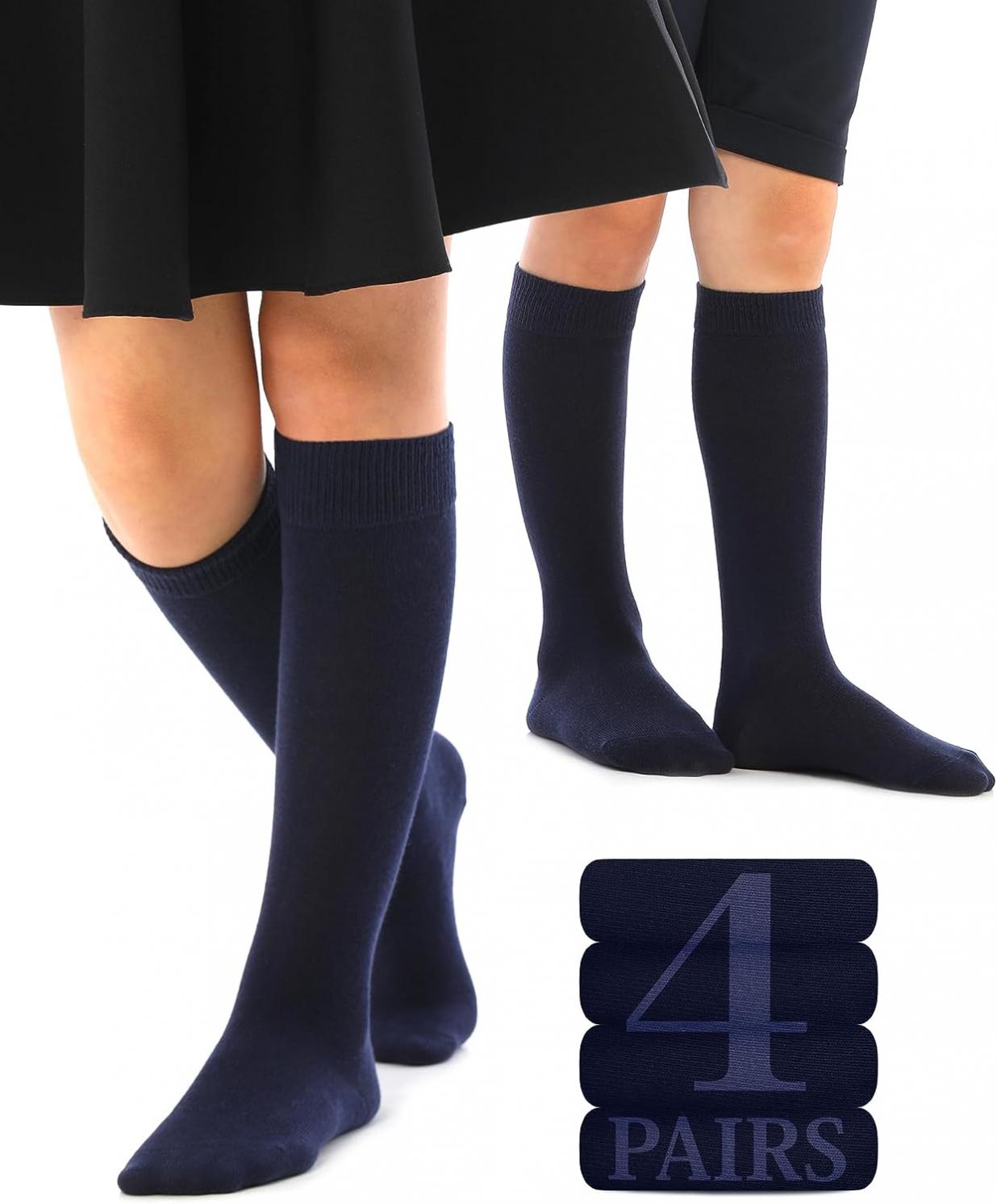 Hugh Ugoli Knee High Cotton Socks for Girls and Boys, Plain & Striped Long School Uniform Socks 3-14 Years Old, 4 Pairs
