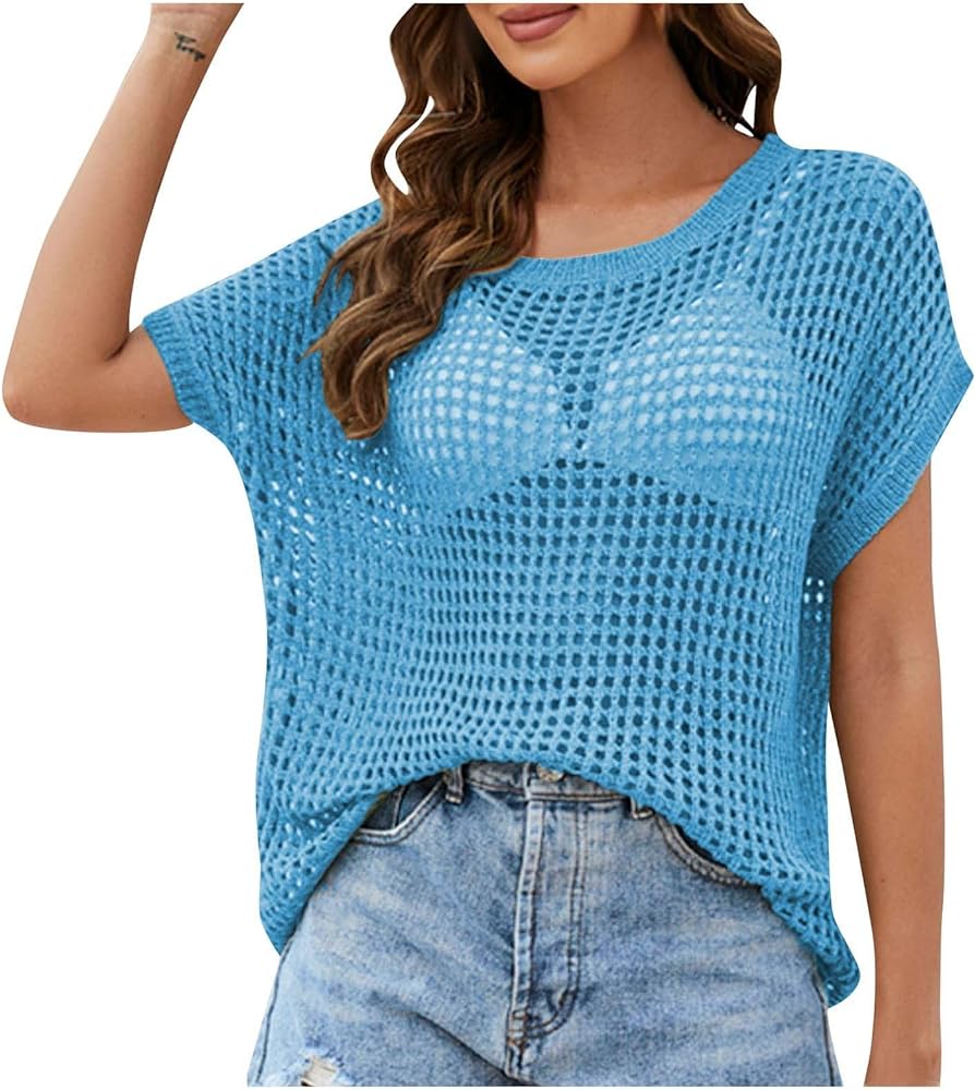 DASAYO Womens Summer Crewneck Short Sleeve Tops Crochet Hollow Out Knit Pullover Shirts Casaul Loose Fit Beach Coverups