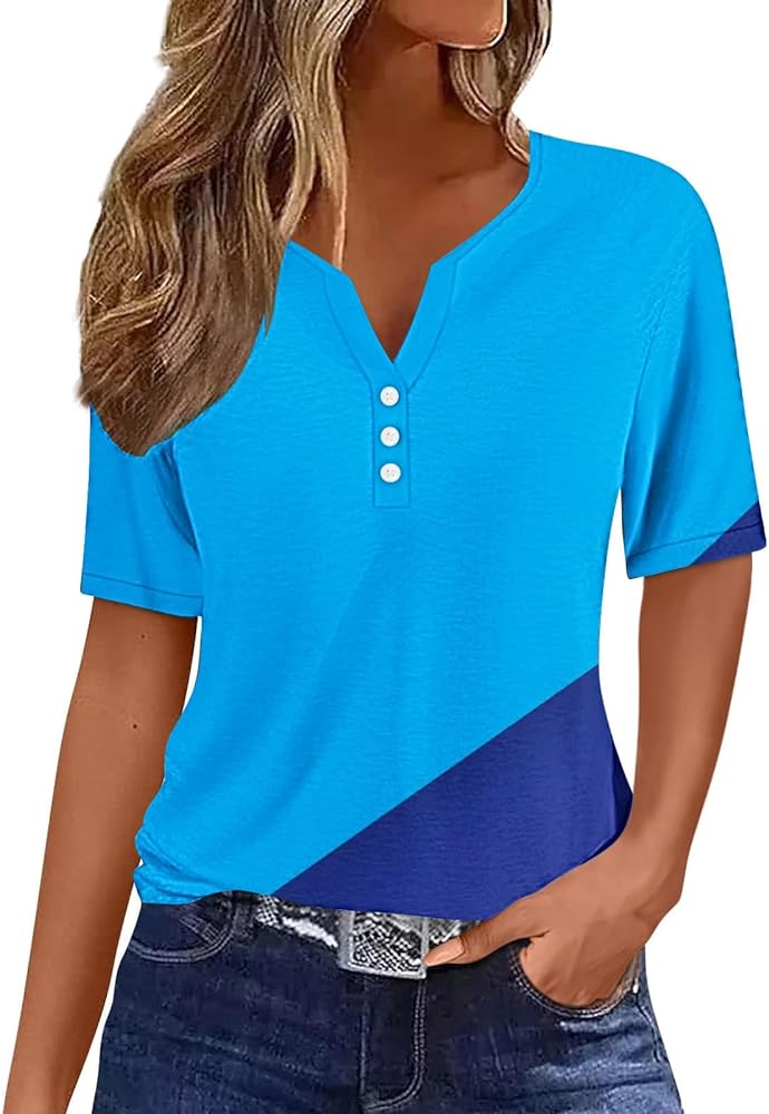 DASAYO Summer Tops for Women 2024 Short Sleeve Notched V Neck Blouses Dressy Casual Ombre Color Block Summer Cute Shirts