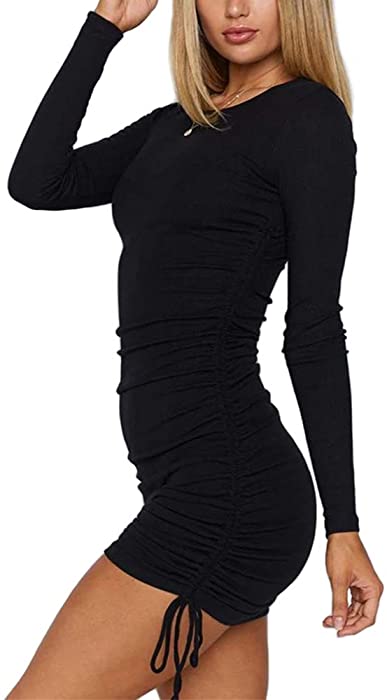 MiiVoo Women's Sexy Club Ruched Long Sleeve Drawstring Mini Bodycon Dress