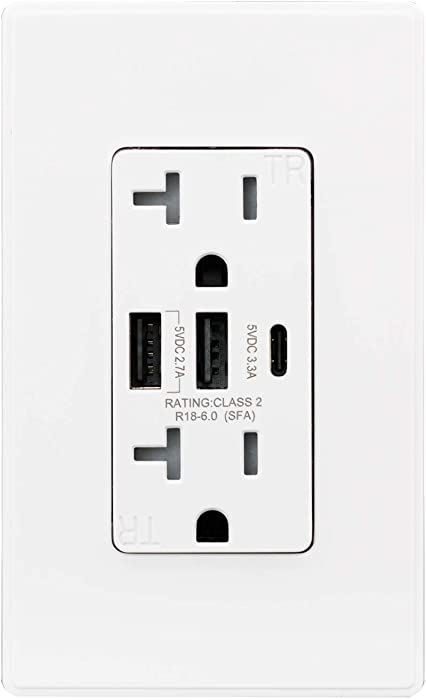 ELEGRP 30W 6.0 Amp 3-Port USB Wall Outlet, 20 Amp Receptacle with USB Type C & Type A Ports, USB Charger for iPhone/iPad/Samsung/LG/HTC/Android Devices, UL Listed, w/ Wall Plate, 1 Pack, Matte White