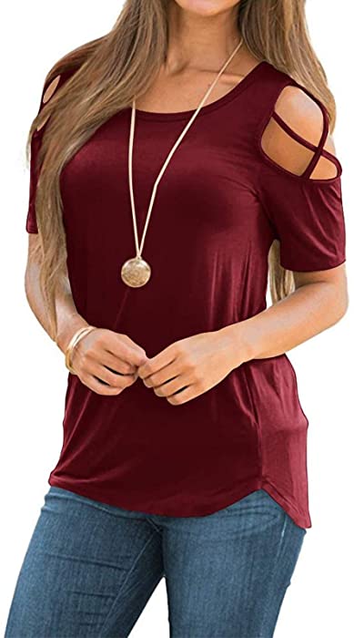 KNFATEQVEDG Summer Cold Shoulder Tops for Women Short Sleeve Cut Out Crew Neck T Shirts Causal Strappy T-Shirt Blouse