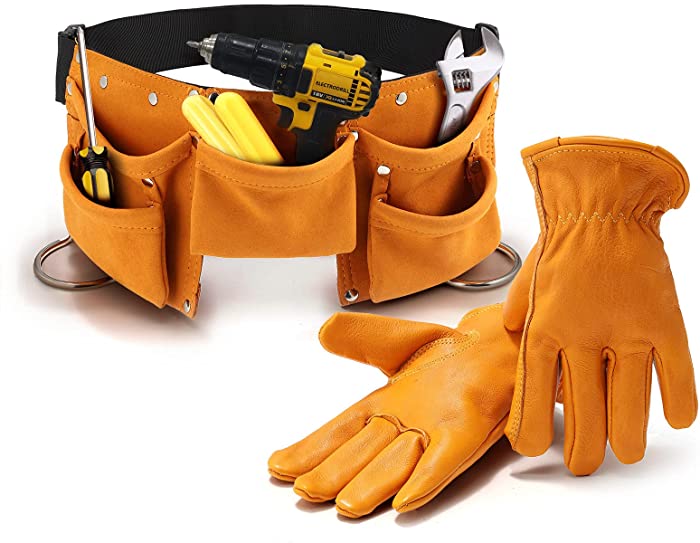 RitPin Work Gloves and Suede Leather Tool Belt Set, 5 Pockets Tool Belts, Work Apron, with Poly Web Belt, Fit Kids and Adults