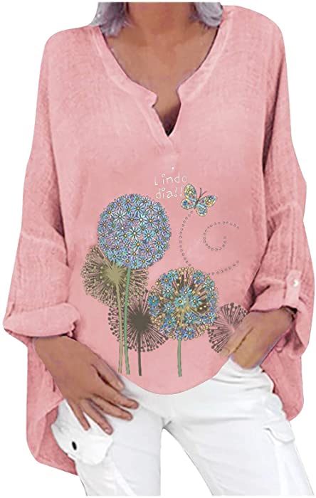 Women Plus Size Linen Shirts Roll Sleeve Notch V-Neck T Shirts Plain Floral Print Loose High-Low Hem Tunic Tops Blouse