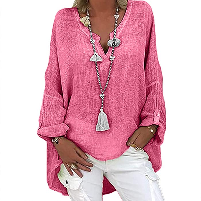 Blouses for Women, Women Plus Size Long Sleeve Cotton and Linen Tops Solid Printed V-Neck High Low Loose Long Tunic