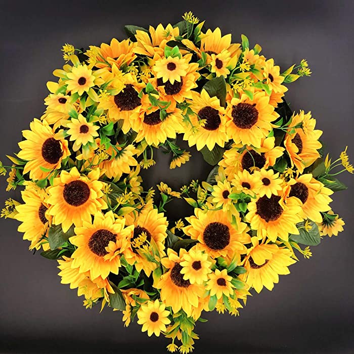 Bestroyal Silk Sunflower Wreath, French Sash Wreath Artificial Spring Garland Wreath for Front Door Wall Wedding Party Home Decor, 16 Inch