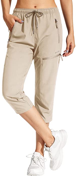 MOCOLY Women's Cargo Hiking Pants Elastic Waist Quick Dry Lightweight Outdoor Water Resistant UPF 50+ Long Pants Zipper