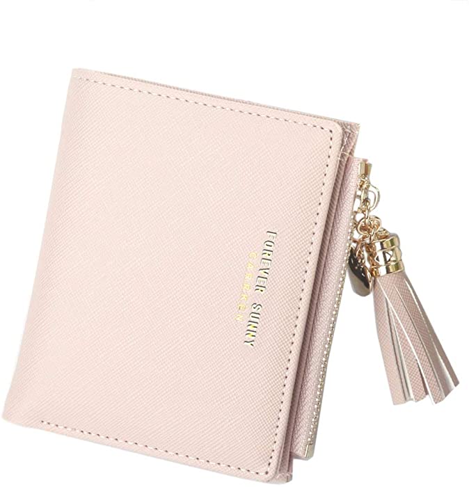 Belsmi Women's Small Compact Slim Leather Mini Wallet Lady Purse Zipper Pocket Card Organizer Bifold Wallets (Pink)