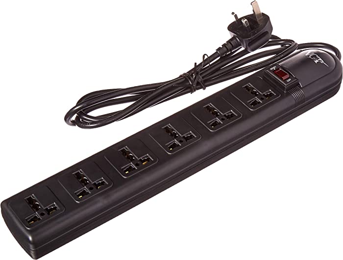 VCT WPS-B-UK 220 Volt - 240 Volt Universal Power Strip Surge Protector with 6 Universal Outlets 13A Max 3250W with UK Plug (UK Plug), Black
