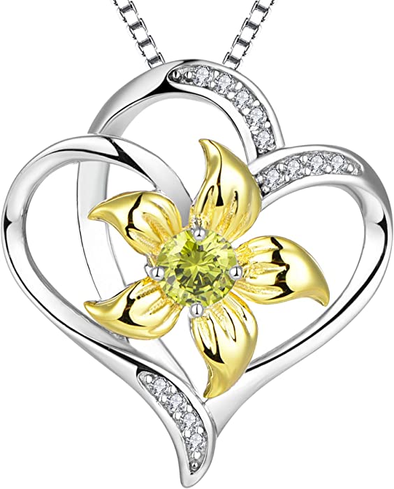 YL Women's Heart Necklace Sterling Silver Lily Flower Love Pendant Gemstones Jewelry