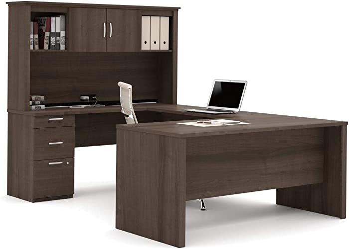 Bestar Logan U or L-Shaped Executive Office Desk with Pedestal and Hutch, 66W, Antigua