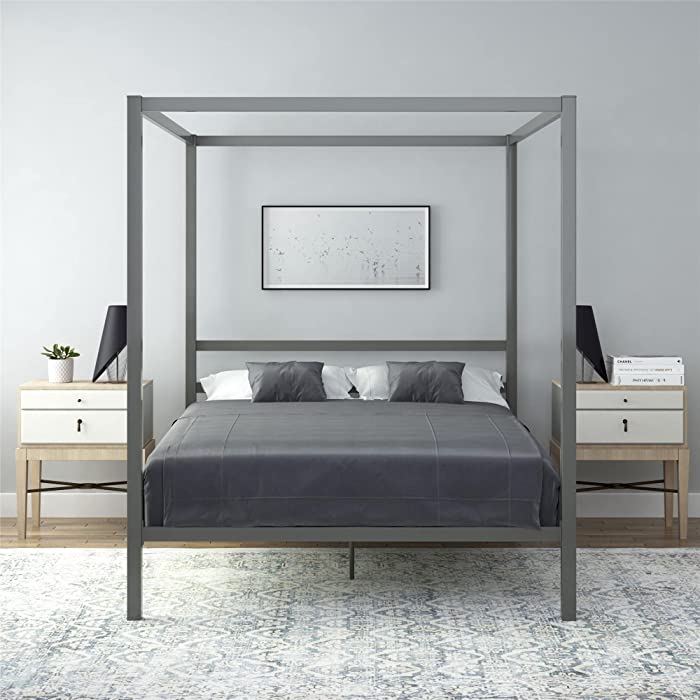DHP Modern Metal Canopy Platform Bed with Minimalist Headboard and Four Poster Design, Underbed Storage Space, No Box Spring Needed, Queen, Gunmetal Gray