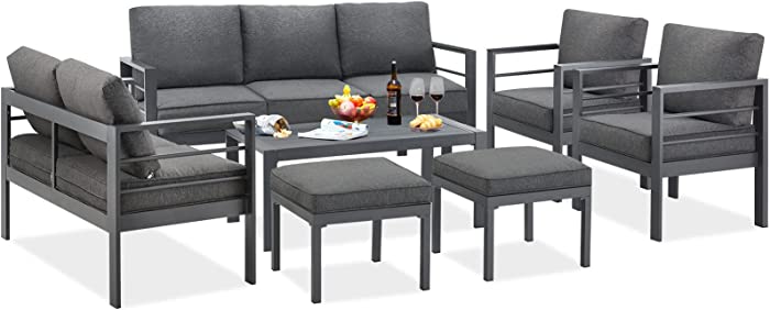 YODOLLA 7 Pieces Outdoor Patio Furniture Set with Ottomans,Aluminum Patio Furniture Clearance Set,Modern Outdoor Patio Sectional Sofa with Table & Ottomans,Dark Grey