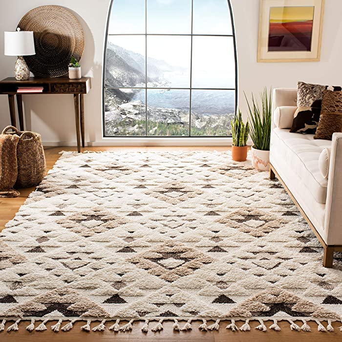 SAFAVIEH Moroccan Tassel Shag Collection 6'7" x 9'2" Ivory / Brown MTS688A Boho Non-Shedding Living Room Bedroom Dining Room Entryway Plush 2-inch Thick Area Rug