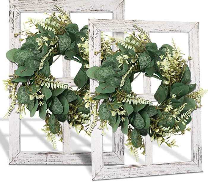 Honest Wood Farmhouse Wall Decor, Window Frame with Wreath, Rustic Window Pane with Green Leaves Wreaths, Home Decor Rustic Wall Art for Front Door, Living Room, Dining Room, Bedroom, 2 Sets (S White)