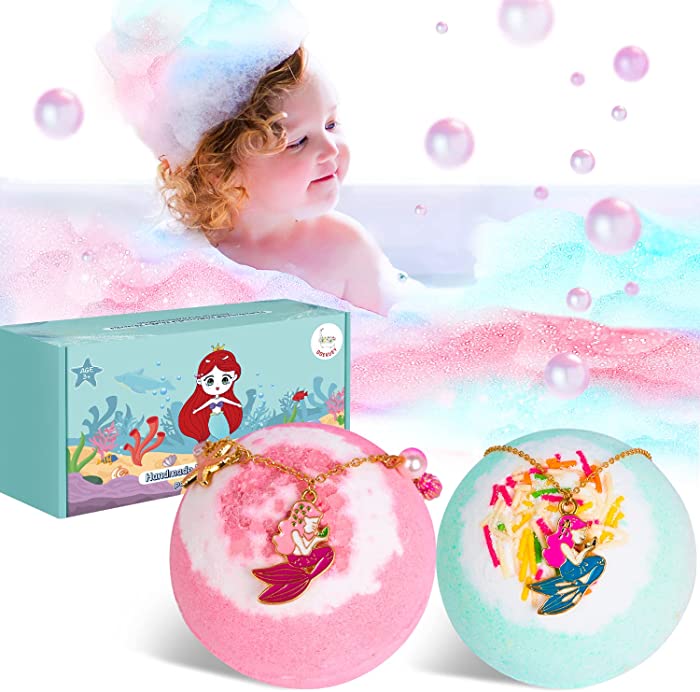 QOEKUEY Bath Bombs for Kids, Mermaid Kids Bath Bombs with Surprise Inside Necklace & Bracelet Mermaid Gift for Girls,Natural Ingredients,for Your Kids Unique Festival or Birthday Gift-Over 3 Years Old