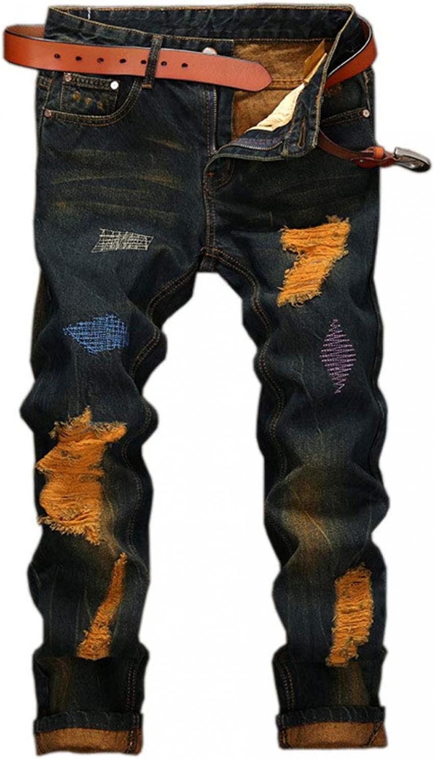 utcoco Men's Slim Fit Mid Waist Straight Leg Ripped Distressed Holes Classic Denim Patches Jeans