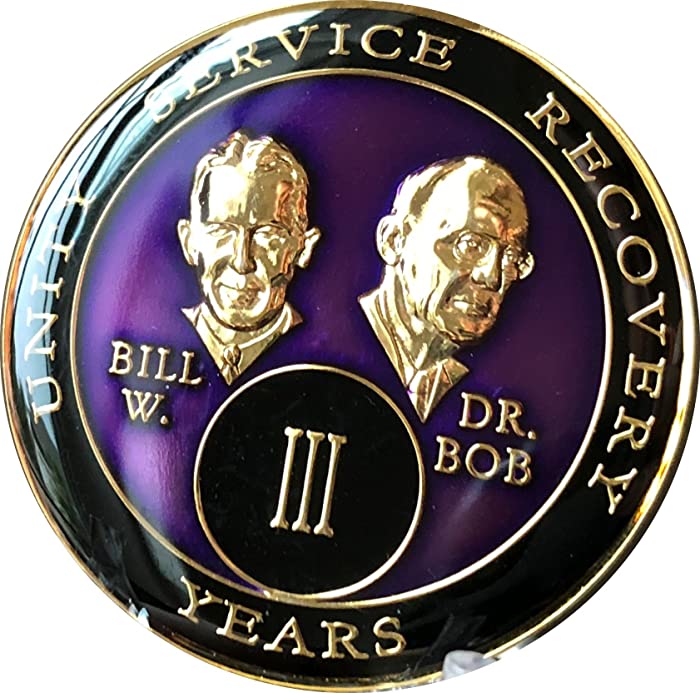 Recovery Mint 3 Year Purple Bill & Bob Tri-Plate Alcoholics Anonymous Medallion- AA Sobriety Chip(3 Years Shown)