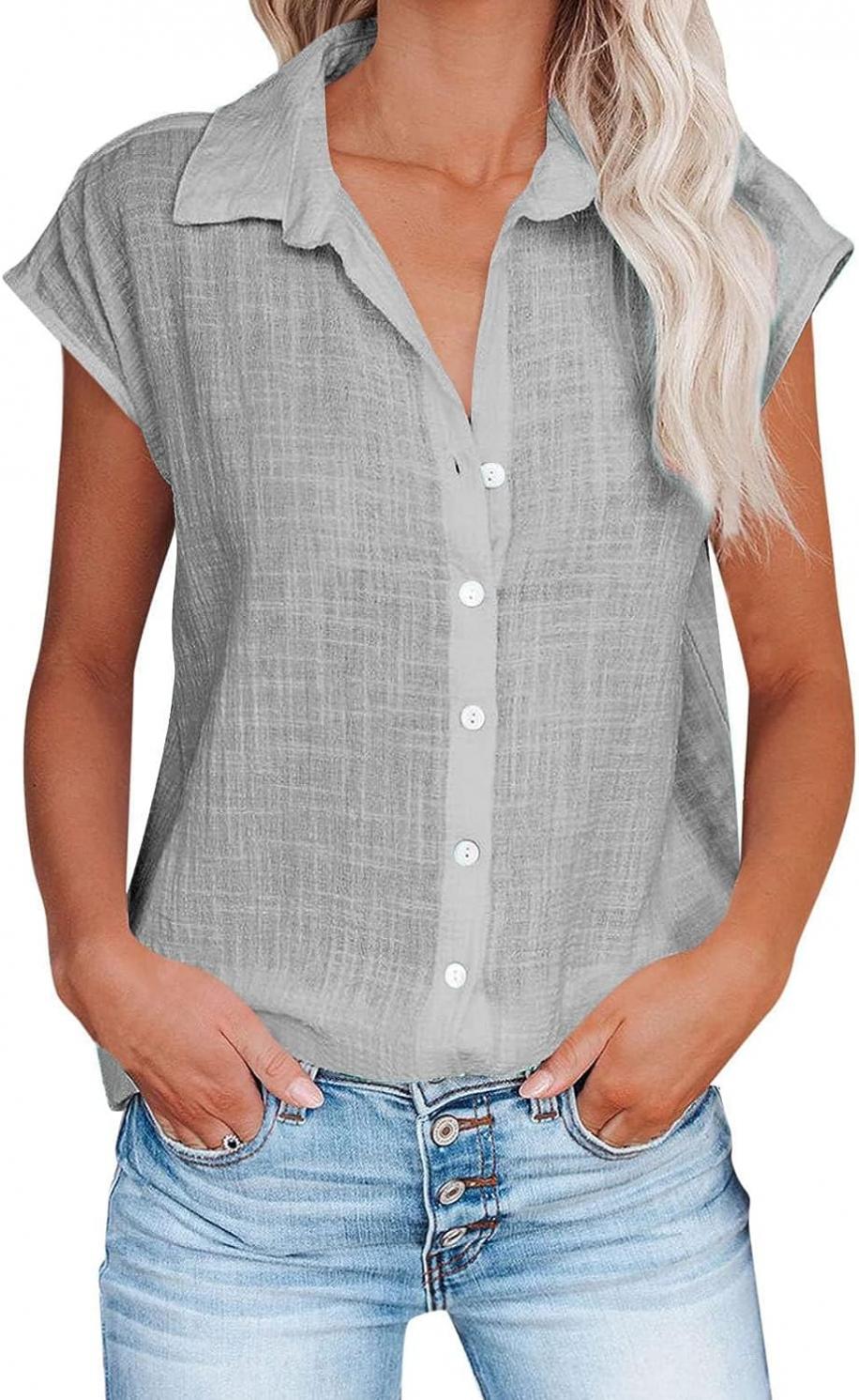 Ceboyel Shirts for Women Trendy Summer Cotton Linen Short Sleeve Tops Collared Button Down Causal Blouse Laides Clothing 2023