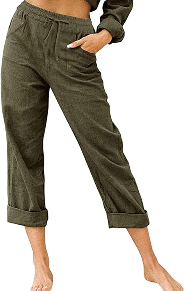 SMIDOW Women's Capris and Cropped Pants Drawstring Elastic High Waist Straight Leg Casual Loose Lounge Linen Pant Trousers