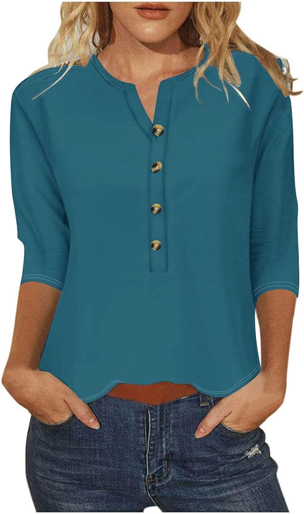 Ceboyel Women Button Down Henley Shirts V Neck Blouses Tops 3/4 Sleeve Tshirts Dressy Casual Trendy Clothing 2024