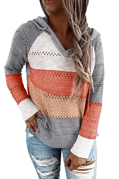 BLENCOT Women's Lightweight Color Block Hooded Sweaters Drawstring Hoodies Pullover Sweatshirts