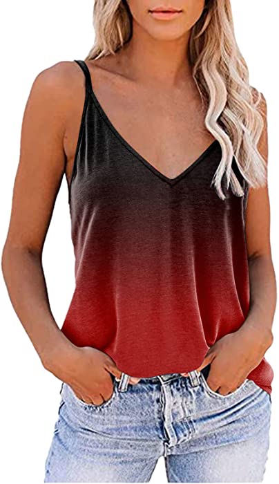Workout Tops for Women Cute Printing V Neck Camis Shirts Graphic Tee Spaghetti Straps Sleeveless Camisole Tank Tops