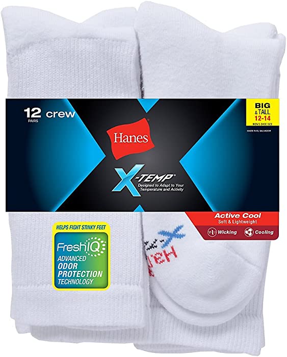 Hanes Men's FreshIQ X-Temp Active Cool Big and Tall Crew Socks 12-Pack