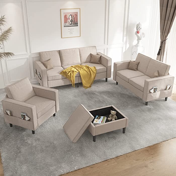 Mjkone Convertible Sectional Sofa Couch with Storage Ottoman, 4 Pcs Couch Set with Storage Pockets, Sectional Couches for Living Room, 3-Seater +Ottoman +1-Loveseat +1-Seater (Beige)