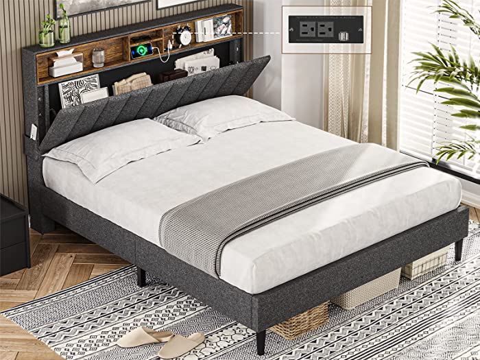 ADORNEVE Queen Bed Frame with Outlet and USB Ports, Modern Upholstered Platform Bed with Storage Headboard & Height Adjustable, 12 Wood Slats Support, No Box Spring Needed, Dark Grey