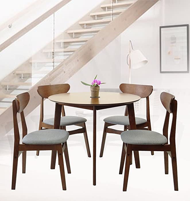 Set of 5 Dining Kitchen Round Table and 4 Yumiko Side Chairs Solid Wood w/Padded Seat Medium Brown