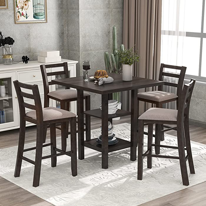 Merax 5 Piece Dining Table Set Wood Counter Height Dining Set Square Kitchen Table with 2-Tier Storage Shelving and 4 Padded Chairs (Espresso and Gray)
