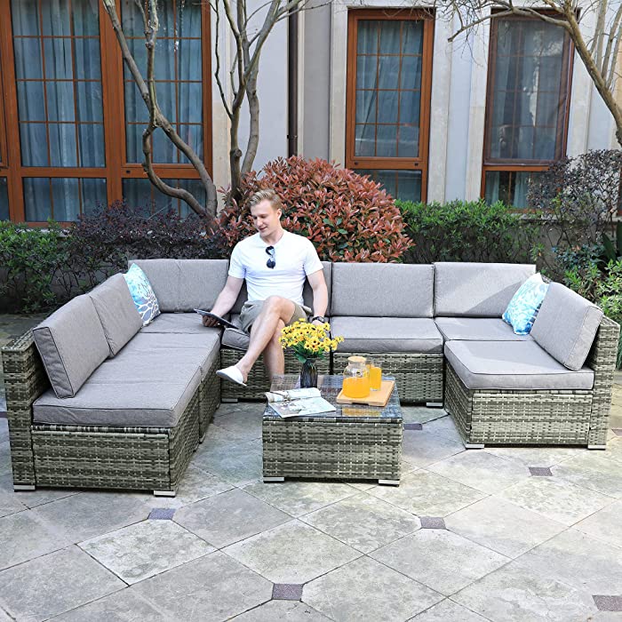 YITAHOME Patio Furniture Set, 8 Piece Outdoor Sectional Sofa Furniture Sets, PE Wicker Conversation Set with Rattan Coffee Table & Cushions for Lawn Backyard Garden Porch, Gray Gradient