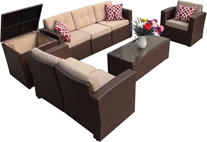 Super Patio 8 Pieces Patio Furniture Set, Outdoor Sectional Sofa, All-Weather PE Wicker Patio Conversation Sets with Storage Box, Tempered Glass Coffee Table, Three Red Pillows, Brown