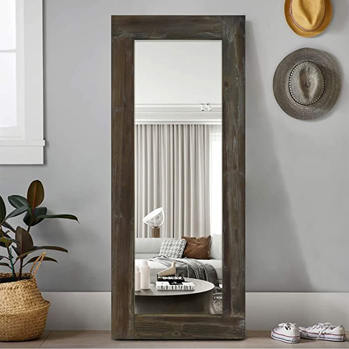 KIAYACI Floor Mirror Wood Frame Wall Mounted Mirror Distressed Style Wide Frame Dressing Make Up Mirror for Bathroom/Bedroom/Living Room/Dining Room/Entry/Farmhouse (Coffee, 58" x 24")